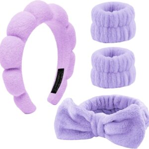 4 Pieces Spa Headband for Washing Face, Skincare Terry Cloth Headband Wristband Set,Elastic Hairbands Face Washing Wristband,Sponge Puffy Makeup Headbands for Women Girls Shower,Sports,Yoga (purple)