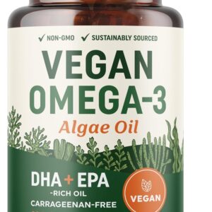 Vegan Omega 3 Algae Oil | Plant Based DHA EPA | Sustainably Sourced, No Carrageenan, Non GMO | Heart, Brain, and Eye Health | Fish Oil Alternative | Algae Omega 3 Supplement | 60 Softgel Capsules
