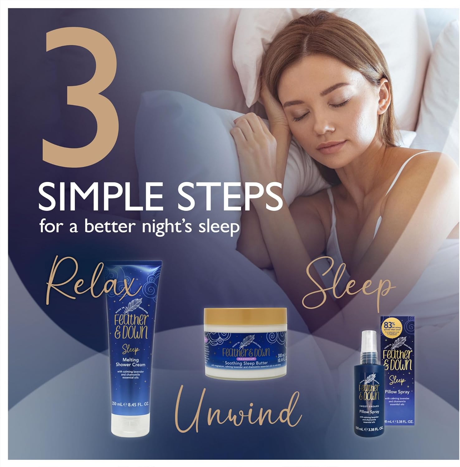 Feather & Down Sleeping Bag Gift Set (luxury eye mask, sleep balm, pillow spray and shower cream) - with calming lavender & chamomile essential oils. Vegan Friendly & Cruelty Free. - Image 6