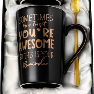 Birthday Thank You Gifts for Men, Sometimes You Forget You’re Awesome – 14oz Unique Black Ceramic Inspirational Coffee Mug with Gold Print, Christmas Presents for Friends Husband Employee, Gift Boxed