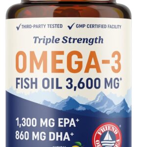 Triple Strength Omega 3 Fish Oil 3600 mg | EPA & DHA | Over 2100mg Omega-3 Fatty Acids | 1300mg EPA + 860mg DHA | Best Essential Fatty Acids | Premium Wild Caught & Burpless Fish Oil | 120 Ct