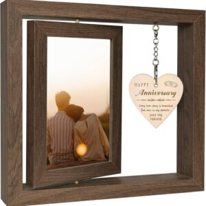 EYITUPC Happy Anniversary Photo Frame Gifts for Her, Rustic Wood Floating Anniversary Photo Frame Gifts for Him, Display Two 4×6 Inch