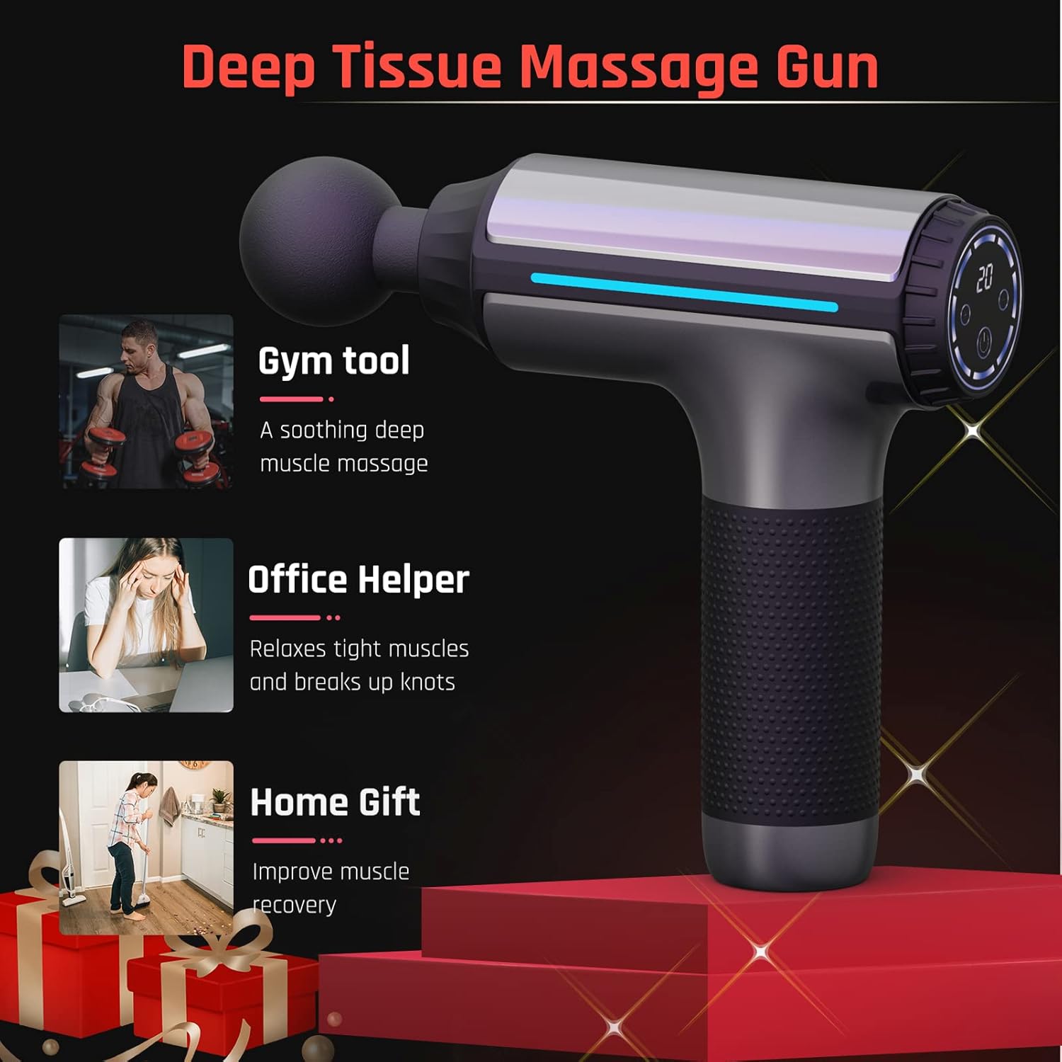 Valentines Gifts for Her Him Massage Gun Deep Tissue Portable Handheld Muscle Massager,Super Quiet Percussion Massager 20 Adjustable Speeds & 6Total Attachments - Image 8