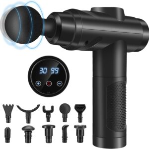 Massage Gun Deep Tissue, Muscle Percussion Massager with 30 Speeds Quiet Hand Massagers with LCD Touch Screen 10 Heads for Shoulder Body Back Relaxation (Black) (Black)