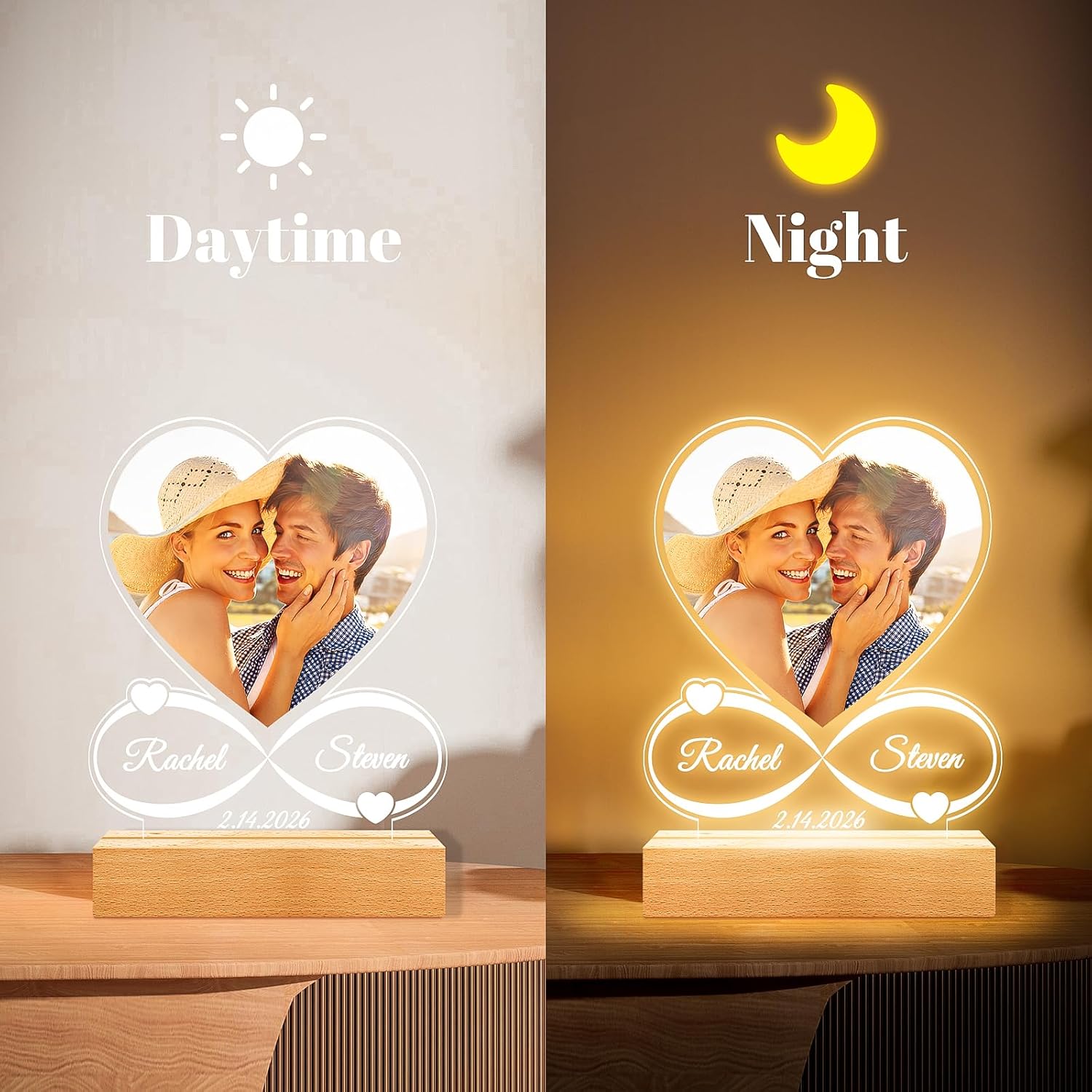 Personalised Photo Frame with Night Light, Custom Picture Frames, Customised Photo Frame, Personalised Anniversary Birthday Valentines Gifts for Women Men Him Her Girlfriend Boyfriend Couple Wife - Image 4
