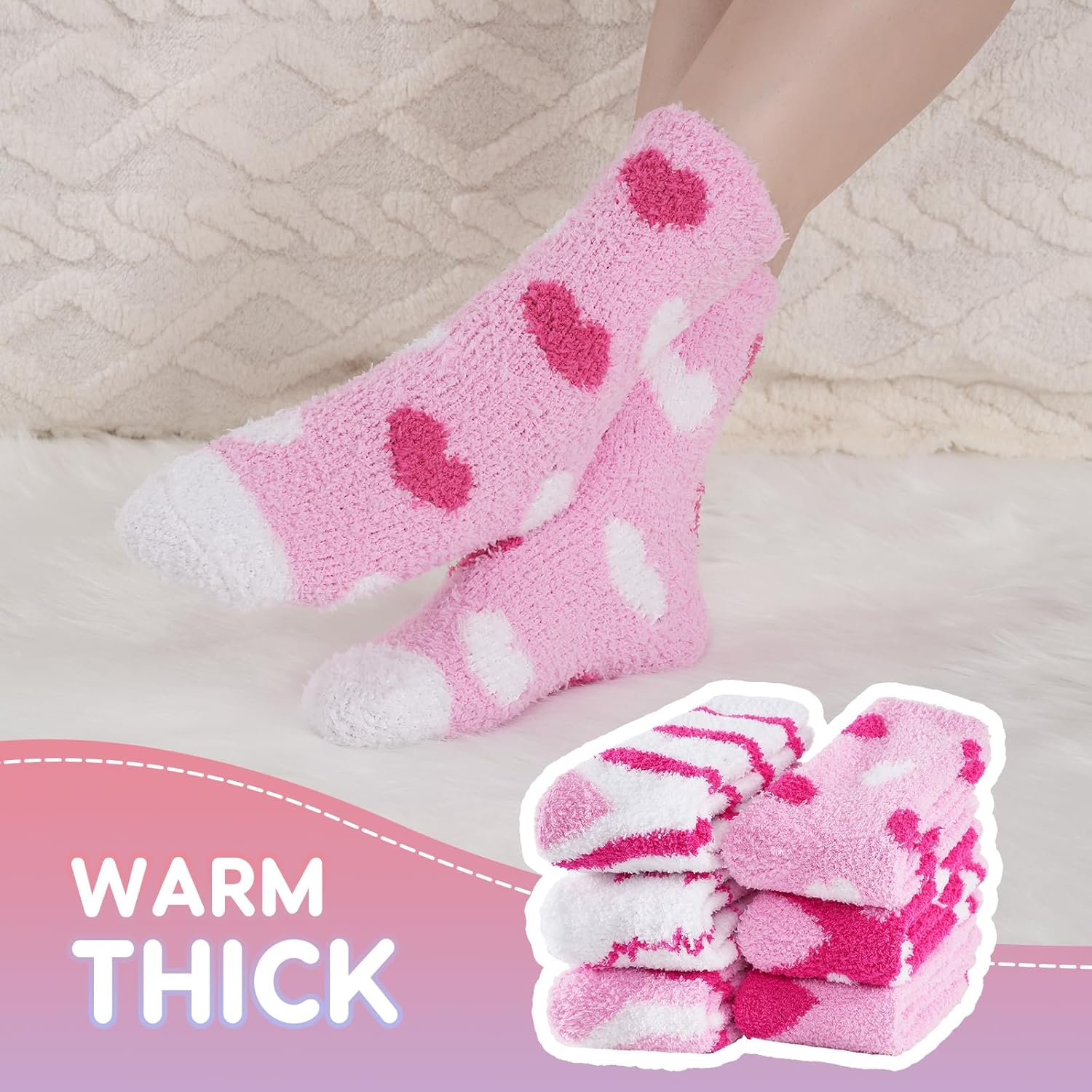 Fluffy Socks for Women and Girls, 6 Pairs Valentine Gifts Warm Cosy Bed Heart Sock, Thick Soft Winter Fuzzy Socks for Causal Home Sleeping - Image 5
