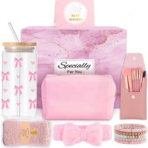 Gifts for Girls Teenage 9 10 11 12 13 14 Year Old, Valentine’s Day Birthday Gifts for Girls Age 8-15, Glass Cup with Lid and Straw, Makeup Brushes Cosmetic Bag Bracelets Socks Headband, Bow Coffee Cup