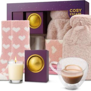 Topline Cosy Escape Gift for Her – Luxury and Sweet Hot Water Bottle Hamper for Women – Pamper Presents for Birthdays, Christmas & Any Occasion – Women’s Gift Set with Ultra-Soft Socks, Chocolate Bomb
