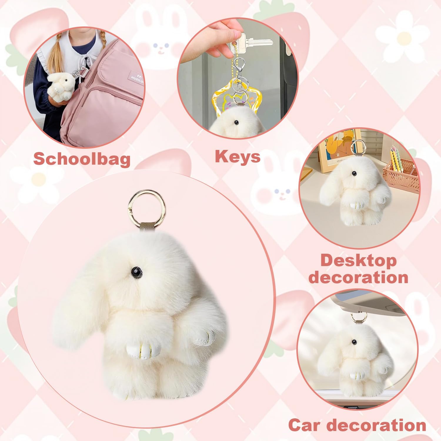 Bunny Keyring, Plush Rabbit Keyring with Tin, Fluffy Bunny Keyrings, Keychain Gifts for Women Girls Birthday Holiday, Stress Relief Decorative Pendant Car Mirror Hanging - Image 3