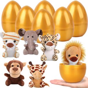 Gold Filled Easter Eggs, 6pcs Cute Animal Plush Toys Prefilled Gold Plastic Easter Egg Surprise Gift for easter Basket Stuffers Party Favors Egg Hunt for Kids