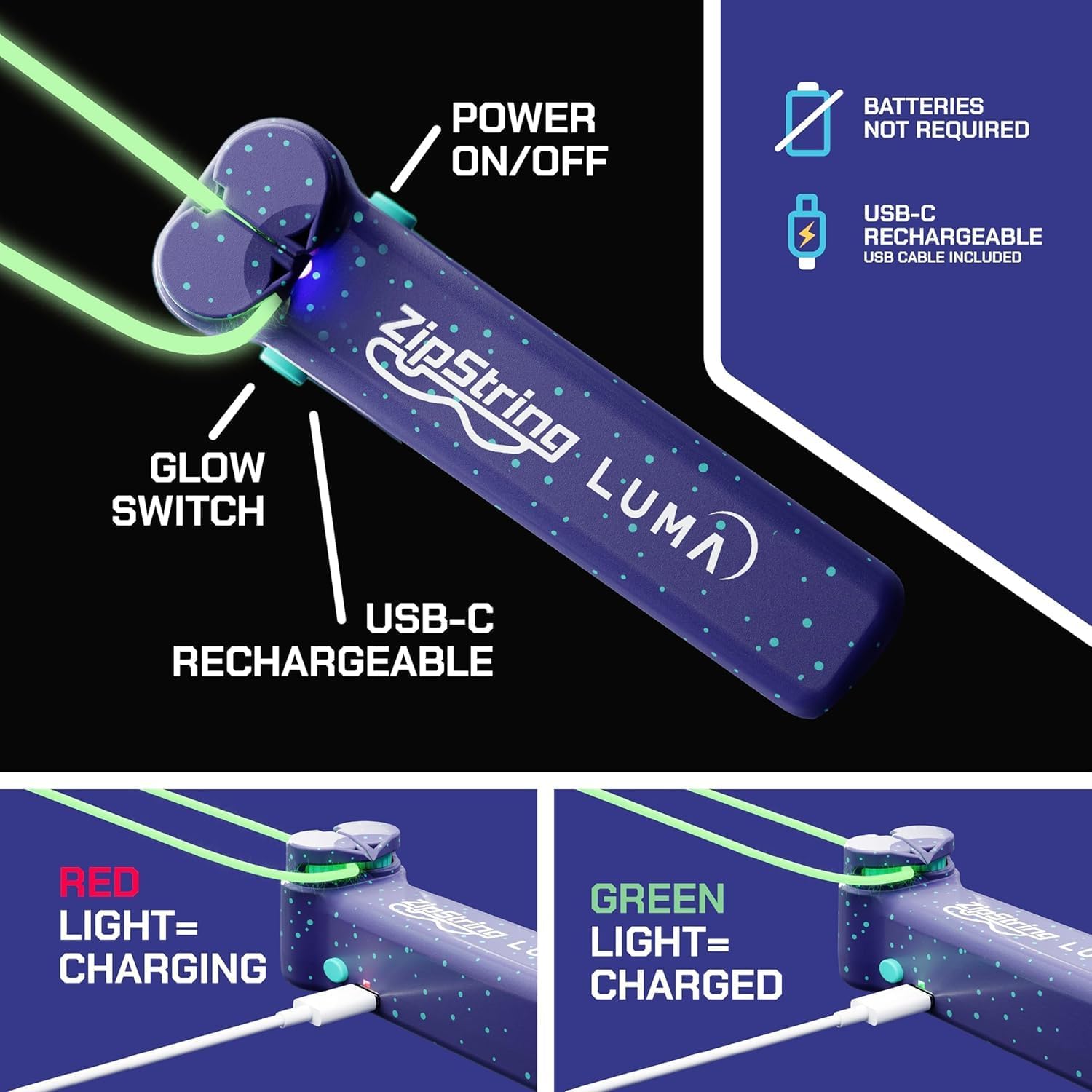 ZipString Luma – Glow in the Dark String Launcher Toy – Viral Outdoor Fidget Toy for Kids & Adults – Cool Rechargeable Toys – Cosmic Green Glow Zip String - Image 6