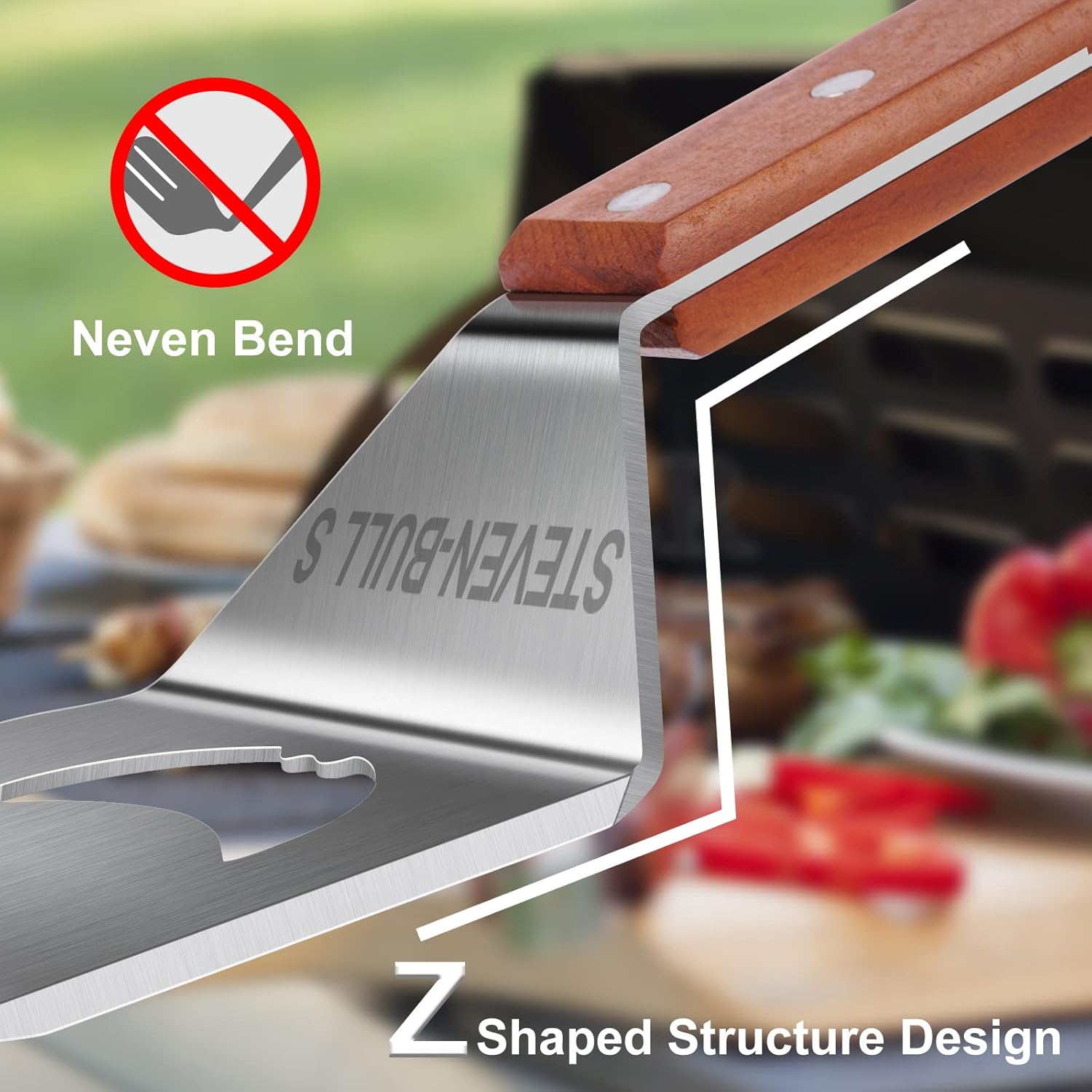 7 in 1 Multifunction BBQ Tool - Outdoor Grill Spatula, Stainless Steel, Wooden Handle - Best BBQ Gifts for Men - Image 2