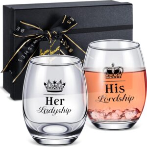 Patelai Valentine Couples Gifts His Lordship and Her Ladyship Gin Glass Gift Set to Bride and Groom Cocktail Short Glasses Stemless Wine Glass to Couple Wedding Anniversary Date Party, 16 oz