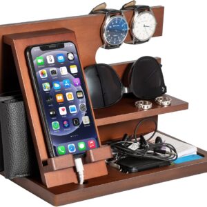 Christmas Birthday Gifts for Men Wood Phone Docking Station Bedside Table Organiser Gifts for Dad Mens Gifts for Husband Dad Gifts for Him Anniversary Xmas Presents for Men Nightstand Key Wallet Stand