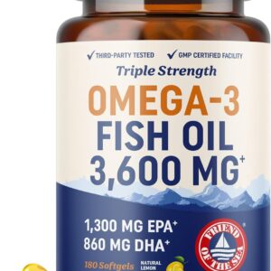 Triple Strength Omega 3 Fish Oil 3600 mg | EPA & DHA | Over 2100mg Omega-3 Fatty Acids | 1300mg EPA + 860mg DHA | Best Essential Fatty Acids | Premium Wild Caught & Burpless Fish Oil | 180 Ct