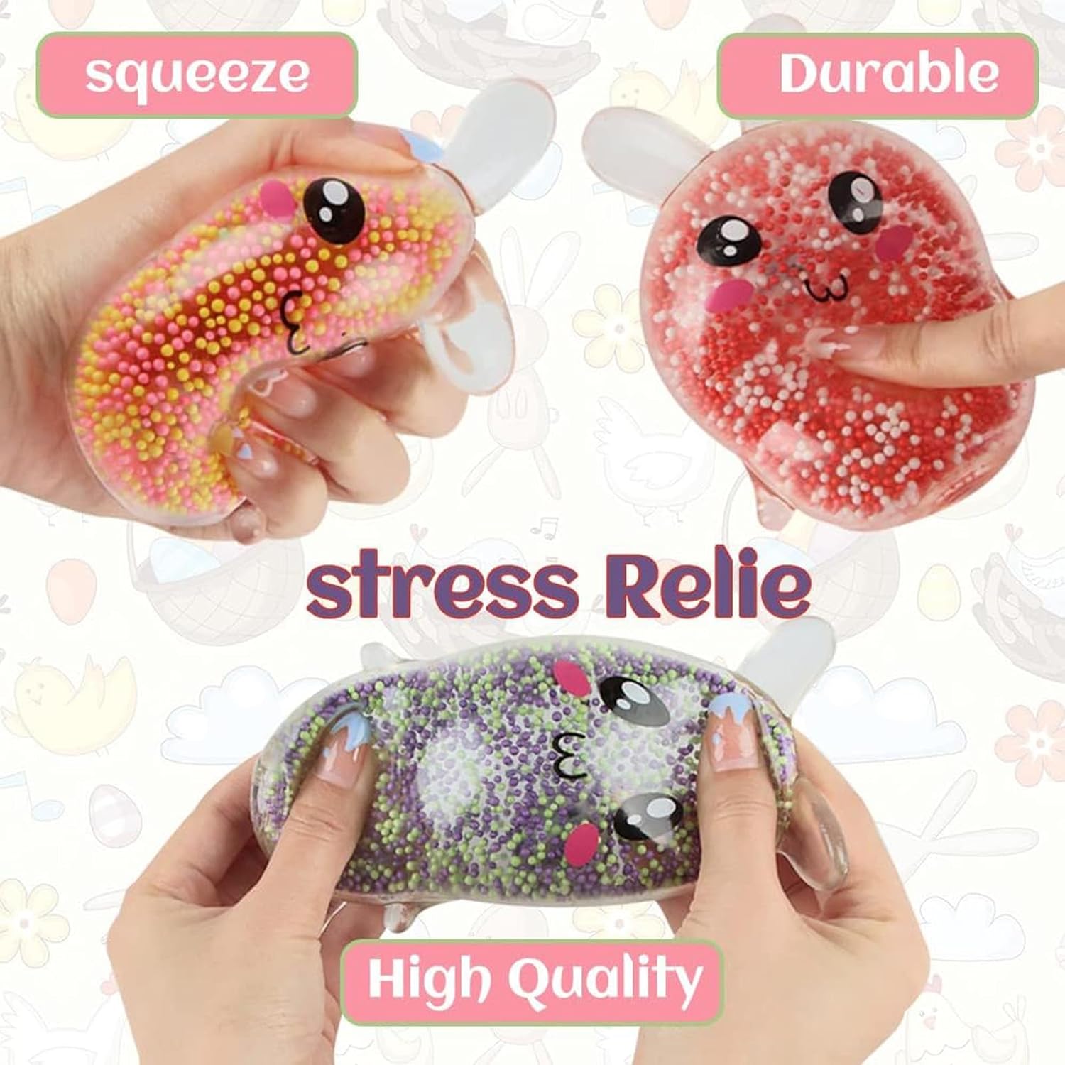 4PCS Easter Bunny Stress Balls Toy, Easter Gifts for Kids, Easter Basket Fillers, Rabbit Squeeze Toy for Adults and Children,Relieve Work Anxiety, Exercise Hand Flexibility - Image 3