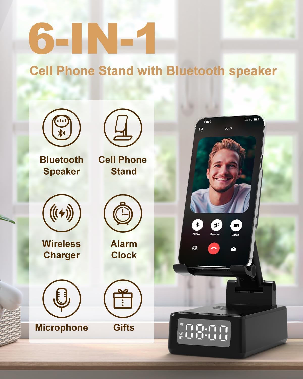 Birthday Gifts for Men Women, Bluetooth Speaker with Wireless Charger & Phone Stand, Gifts for Him, Foldable Angle & Height Stand with Alarm Clock, Ideal for Dad Mom, Tech Gadget Stocking Fillers - Image 3