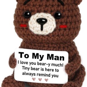 Valentines Day Gifts for Him,Birthday Gifts for Boyfriend Husband Men – To My Man Handmade Crochet Teddy Bear with Message Card ‘I Love You Bear-y Much’ – Anniversary or Valentines Presents for Him