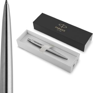 Parker Jotter Ballpoint Pen | Stainless Steel with Chrome Trim | Medium Point | Handwriting Pens & Stationery Supplies | Blue Ink | Gift Box