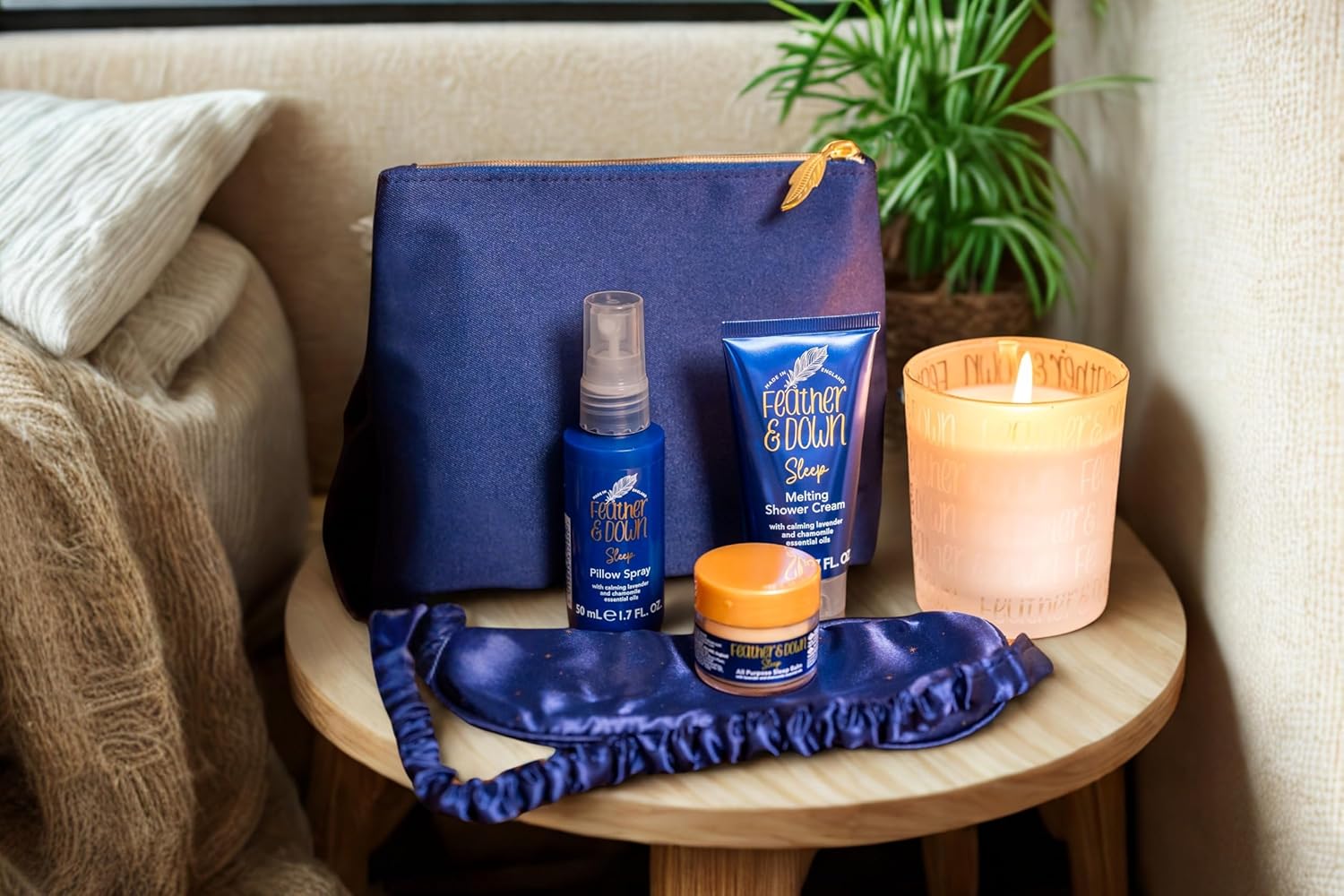Feather & Down Sleeping Bag Gift Set (luxury eye mask, sleep balm, pillow spray and shower cream) - with calming lavender & chamomile essential oils. Vegan Friendly & Cruelty Free. - Image 2