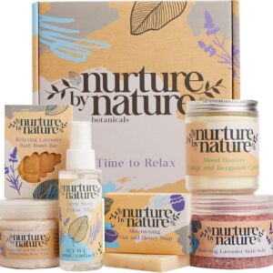 Nurture by Nature Relax & Calm Pamper Gifts for Women – 6 Piece Spa Gift Set with Lavender Pillow Spray, Bath Salts, Body Scrub & Soap – Cruelty Free – Christmas Gifts for Women, Gifts for Her