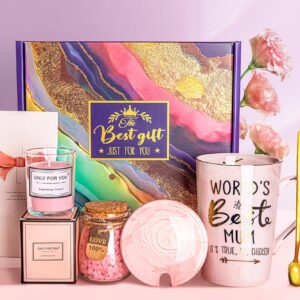 Mum Mothers Day Birthday Gifts Pamper Hamper for Mum – Funny Ceramic Mug with Gold Print, Scented Candle, Cards, Spa Bath Set, Relaxing Basket Gift for Mummy, New Mums to Be Presents, Delicately Boxed