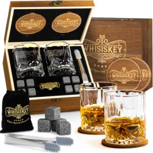 WHISISKEY – Whiskey Glass Set – Whiskey Gift Sets for Men – Whisky Glass Gifts for Men – Rum Tumblers Whisky Set with 2 Glasses, 8 Whiskey Stones, Accessories