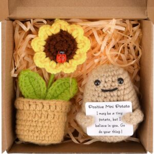 Positive Potato Sunflower Pot, Emotional Support Crochet New Job Gifts for Women, Cute Stuff Good Luck Gifts for Her Him, I Love You Valentines Gifts for Him Kids Her