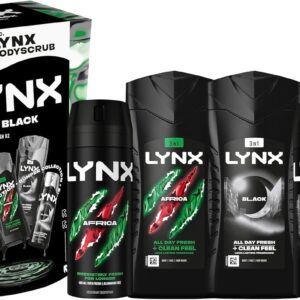 Lynx Gift Set Africa & Black Bumper with two body wash and body spray duos & a Body Scrub Tool perfect gifts for him 4 piece