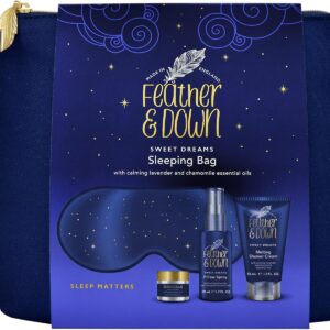 Feather & Down Sleeping Bag Gift Set (luxury eye mask, sleep balm, pillow spray and shower cream) – with calming lavender & chamomile essential oils. Vegan Friendly & Cruelty Free.