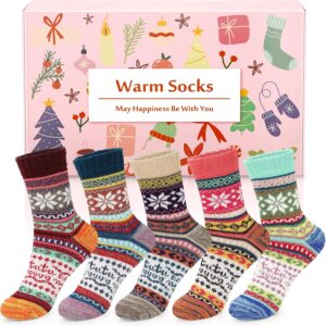 Thermal Winter Women Socks 5 Pairs Wool Warm Knitting Ladies Socks Vintage Style Soft Cotton Thick Woman Bed Sock Multicoloured for Home Office School Hiking, Ideal Christmas Gifts for Women