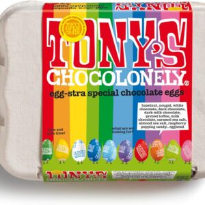 Tony’s Chocolonely Easter Eggs Assortment – 12 Easter Eggs in Foil – Fairtrade Belgian Chocolate – Easter Gifts – Chocolate Box – Mini Eggs – Family Chocolate