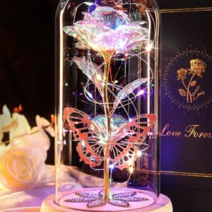 Beferr Valentines Gifts for Her,Galaxy Colorful Rose Crystal Flower Birthday Gift for Women,Mothers Day Eternal Rose Gift for Mum Light Up Flower In A Glass Dome Gift for Daughter,Wife,Lover,Friend