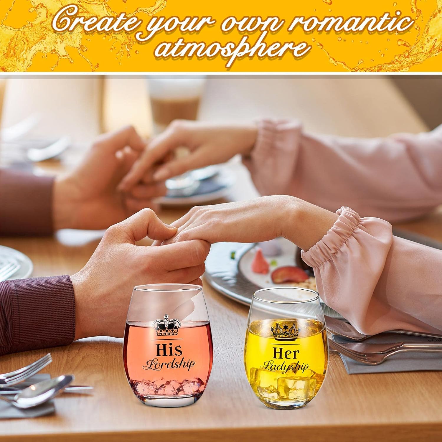 Patelai Valentine Couples Gifts His Lordship and Her Ladyship Gin Glass Gift Set to Bride and Groom Cocktail Short Glasses Stemless Wine Glass to Couple Wedding Anniversary Date Party, 16 oz - Image 6