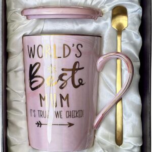 Mum Birthday Gifts for Mum from Daughter Son – World’s Best Mummy Mug, Funny Mothers Day Presents for New Mother to Be, 14Oz Pink Marble Ceramic Coffee Cup with Gold, Greeting Card, Neatly Gift Boxed