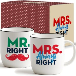 Triple Gifffted Mr Right Mrs Always Right Coffee Mugs Gifts Ideas for Couples, Wedding Anniversary, Engagement, Christmas, His & Hers, Bride and Groom, Parents, Newlyweds Bridal Shower, Ceramic 380ml