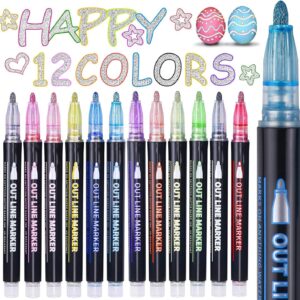 Valentines Gifts for Kids, Glitter Pens Colouring Pens, Gifts for 4 5 6 7 8 9 10 11 12 Year Old Girls, Teenage Girl Gifts, 12 Outline Marker Pens for Scrapbooking, Arts and Crafts for Kids