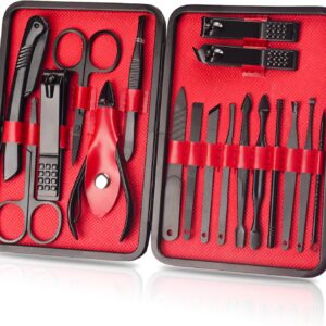 OWill Manicure Set, 18pcs Nail Clippers Pedicure Kit Nail Care Kit Manicure Professional Tools Gift for Men Women Friends and Parents (Black & Red)