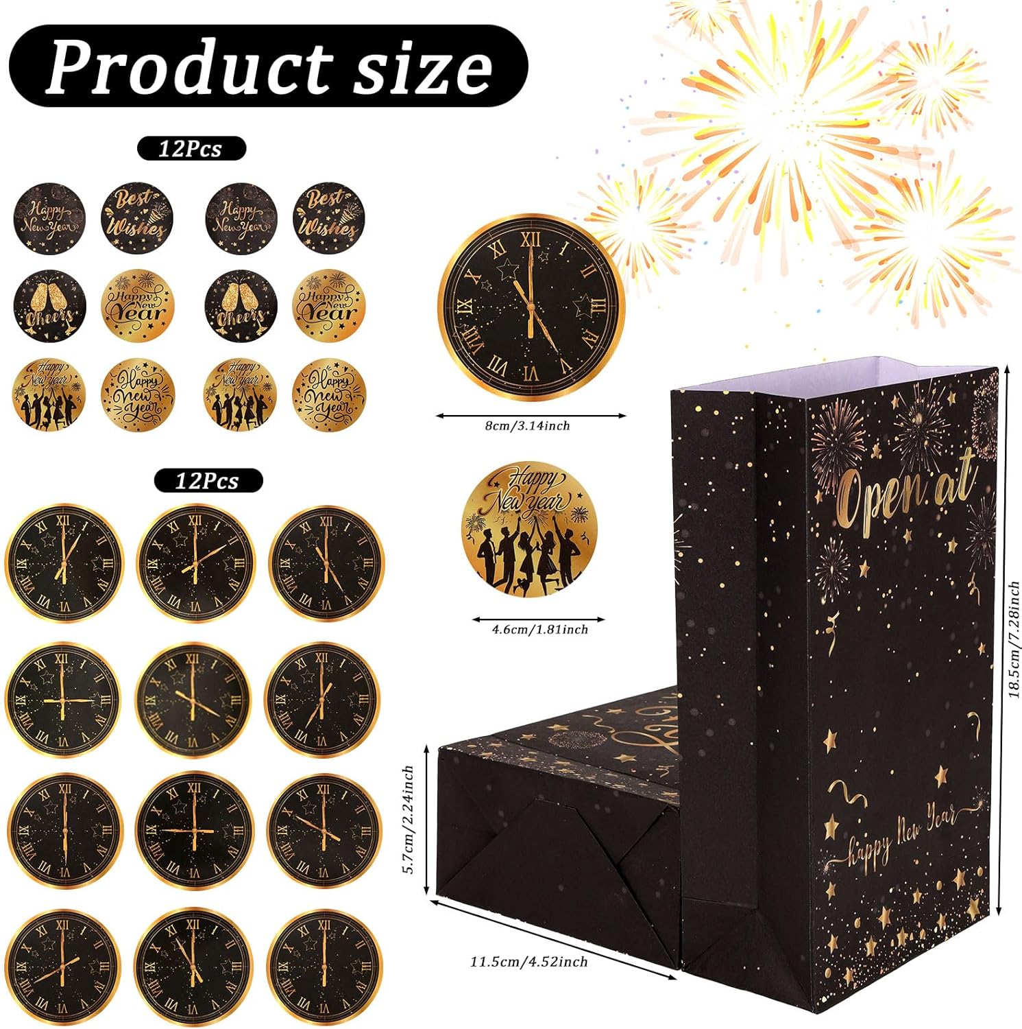 DPKOW Happy New Year Gift Bags for New Year's Eve Party Supplies 2026, 12pcs NYE Party Favor Treats Bags for New Years Eve Decorations 2026 Paper Clock Countdown Bags with Label Stickers - Image 2