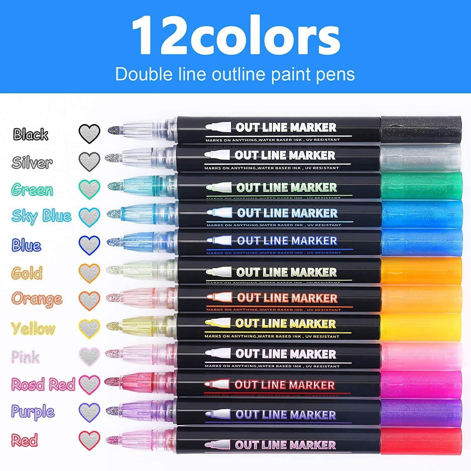 ECtury Valentines Gifts for Kids, 12 Glitter Pens Outline Marker Pens, Arts and Crafts for Kids, Gifts for Teenage Girls, Art Supplies Colouring Pens Outline Pens, Gifts for 4-12 Year Old Girls - Image 2