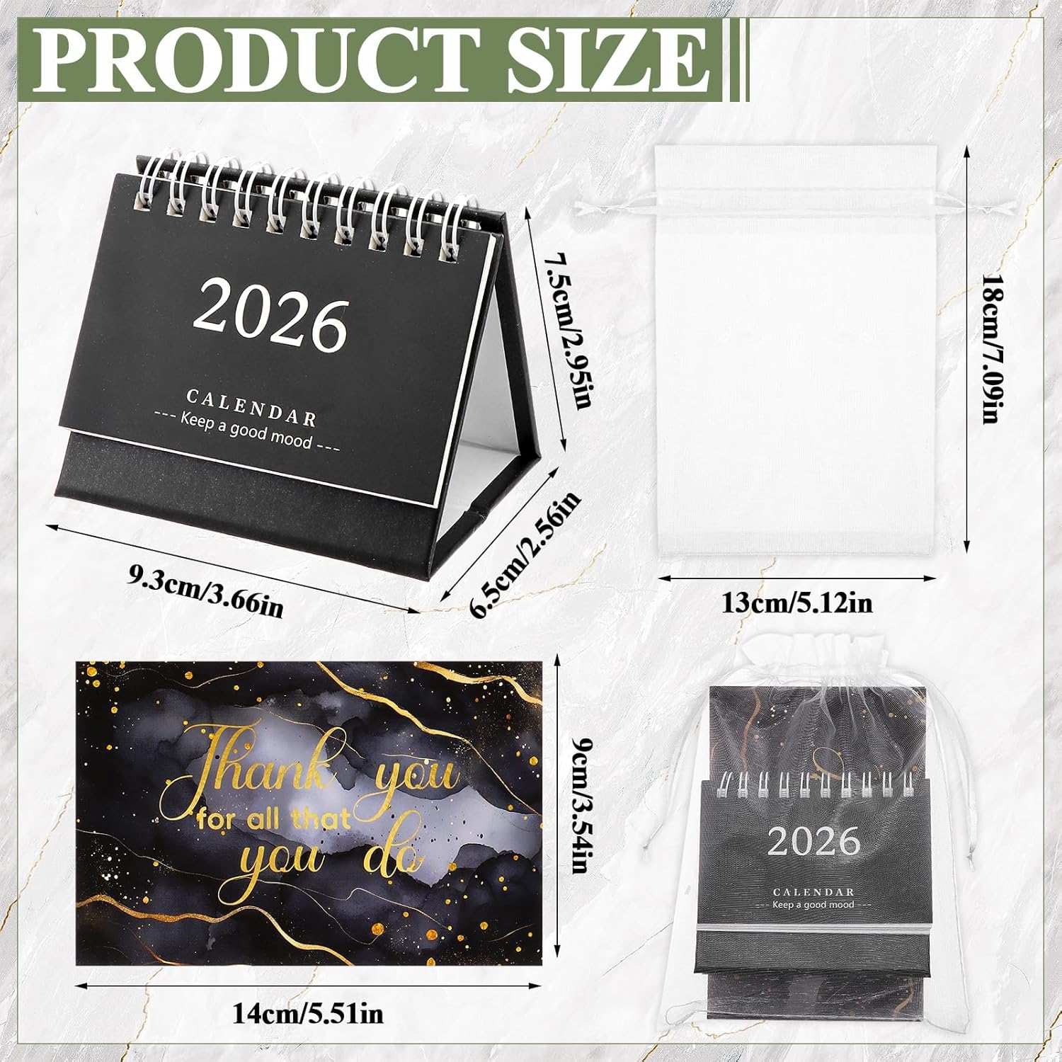 6 Set 2026 Mini Desk Calendar with Cards Gift Bags Sep 2025 to Dec 2026 16 Monthly Standing Flip Small Desktop Calendar Portable for Home Office Study Plans New Years Gifts - Image 2