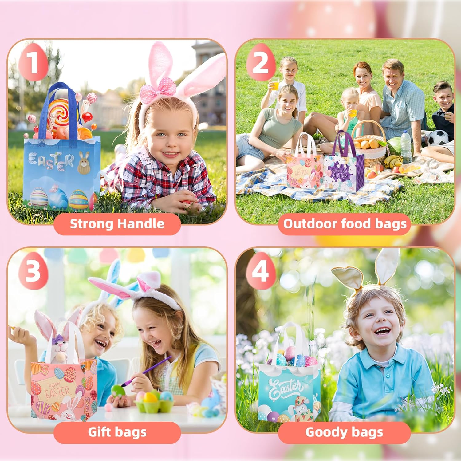 4 Pack Easter Gift Bags for Kids, Non-Woven Easter Egg Hunt Bags with Handles, Reusable Easter Basket for Easter Treats, Egg Hunt Party Supplies - Image 3