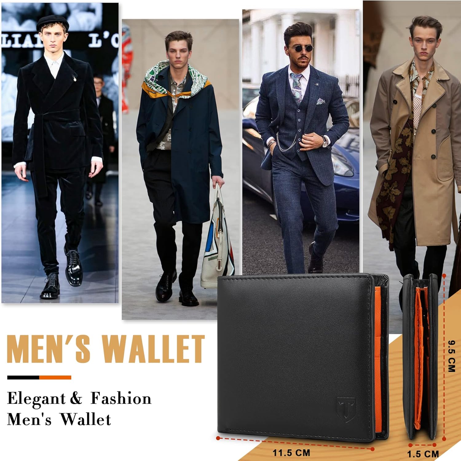 TEEHON® Wallets Slim Genuine Leather RFID Blocking Wallet with 11 Card Holder, 2 banknote compartments, Coin Pocket, Minimalist Wallets for Men UK with Gift Box - Black and Orange - Image 5