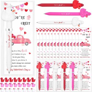 24 Sets Valentines Pen Gifts Include Inspirational Duck Ballpoint Pens Mini Resin Ducks Happy Valentine’s Day Gift Greeting Cards Valentine Exchange Gift Valentines Gifts for Coworkers Employee Staff
