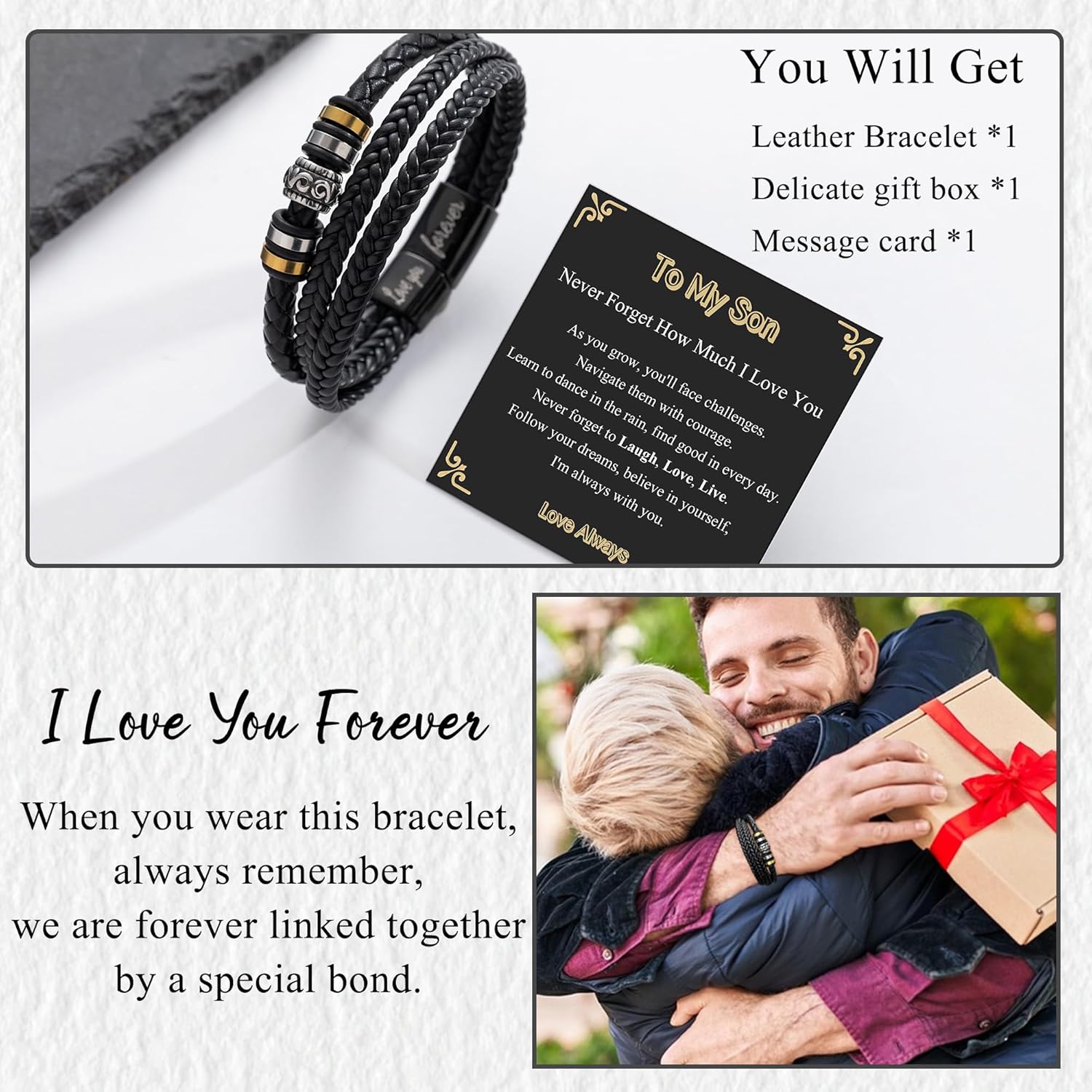 BMMYE Gift for Son Husband Dad Brother Leather Bracelets Personalised Men's Bracelets Gifts With Clasp Cool Bracelet Gift for Men Valentines Day Father's Day Christmas Presents - Image 3