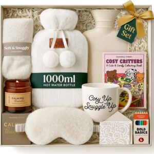 Valentines Day Gift for Her – Birthday Pamper Gifts for Women with Hot Water Bottle, Socks, Mug, Candle, Sleep Mask, & Colouring Book with Pencil, Self Care Box