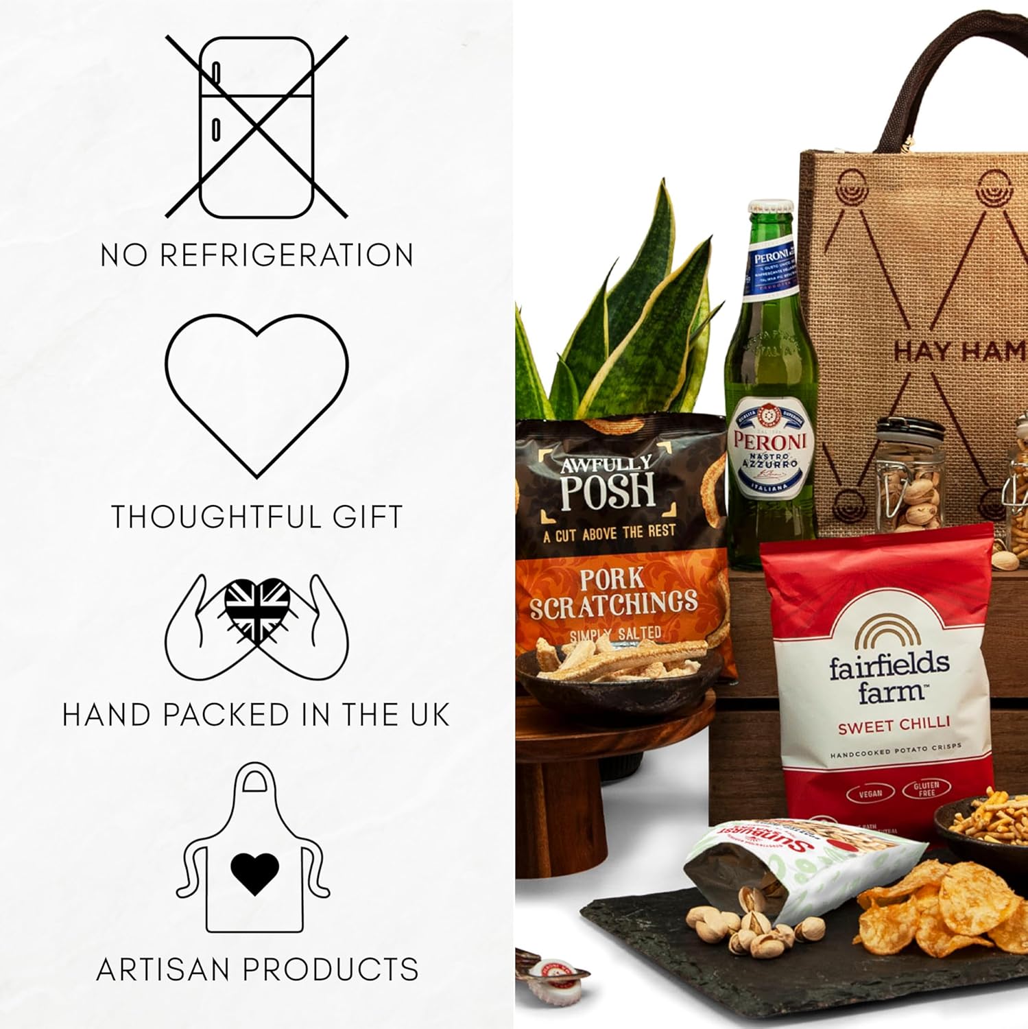Beer and Pub Snacks Gift Hamper - Jute Bag with Peroni Lager, Pork Scratchings, Crisps & More Pub Snacks – Birthday Gift, Food Hamper, Beer Hamper Gift for Men - Hay Hampers - Image 4