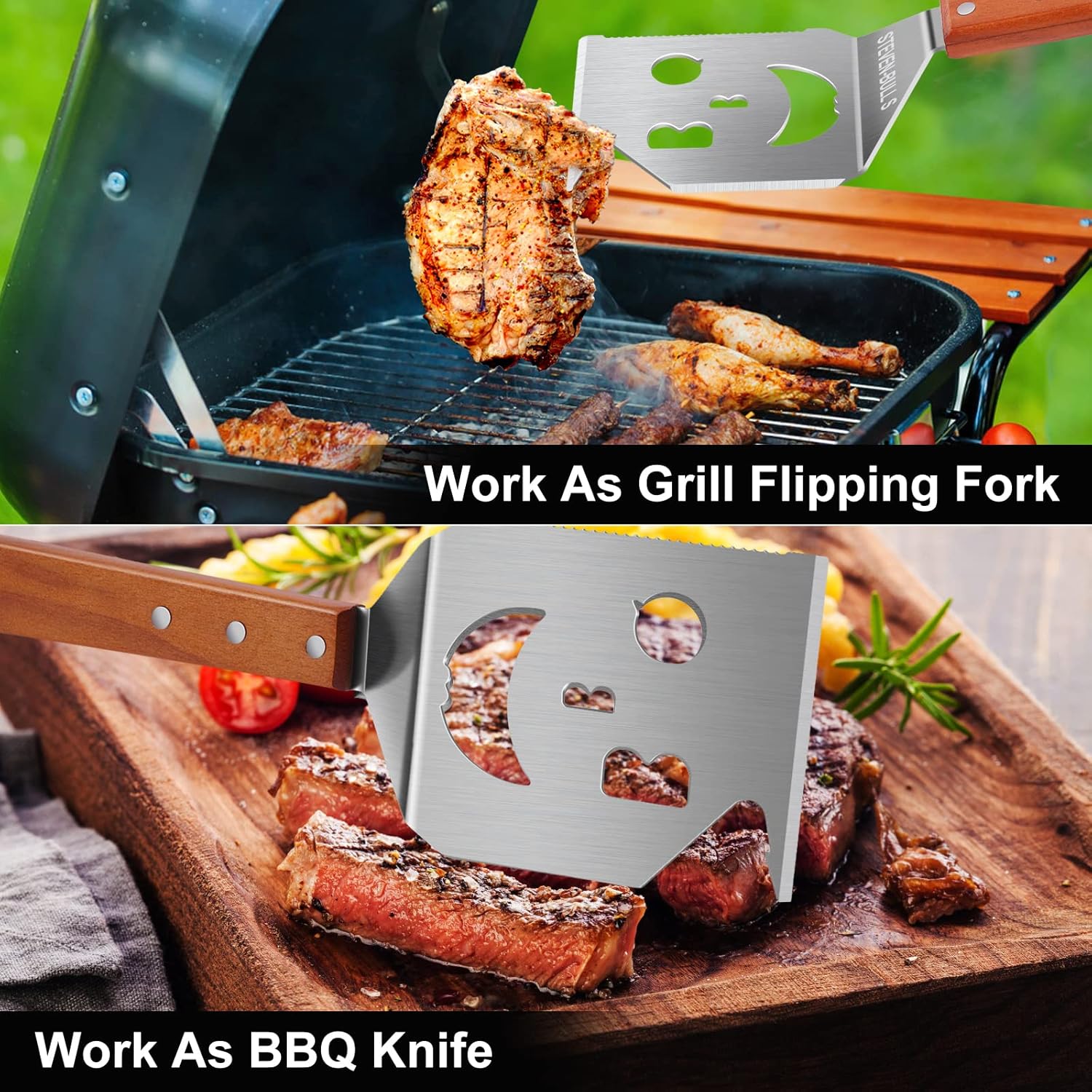 7 in 1 Multifunction BBQ Tool - Outdoor Grill Spatula, Stainless Steel, Wooden Handle - Best BBQ Gifts for Men - Image 4