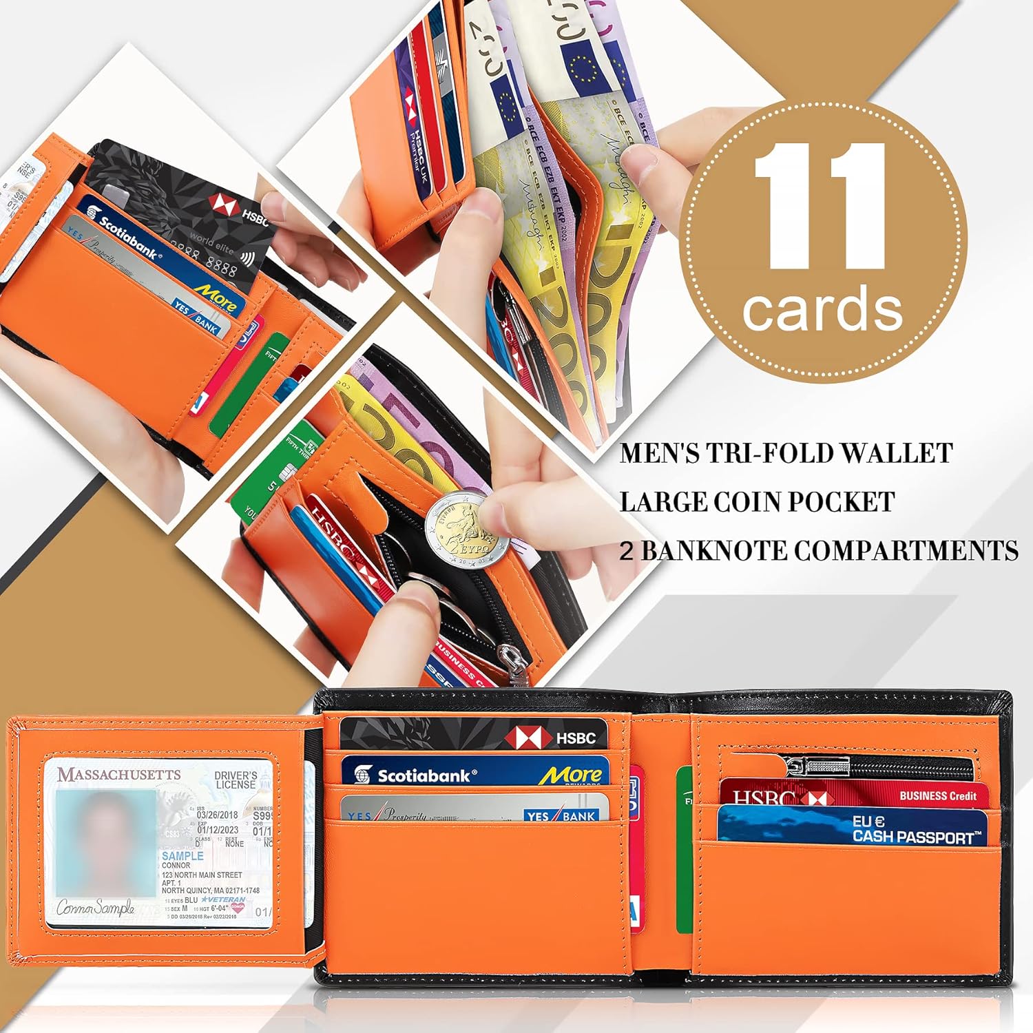 TEEHON® Wallets Slim Genuine Leather RFID Blocking Wallet with 11 Card Holder, 2 banknote compartments, Coin Pocket, Minimalist Wallets for Men UK with Gift Box - Black and Orange - Image 4