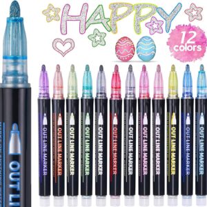ECtury Valentines Gifts for Kids, 12 Glitter Pens Outline Marker Pens, Arts and Crafts for Kids, Gifts for Teenage Girls, Art Supplies Colouring Pens Outline Pens, Gifts for 4-12 Year Old Girls